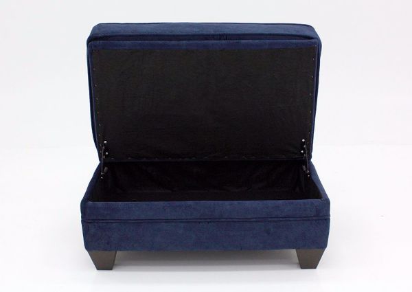 Navy Blue Athena Storage Ottoman by American Furniture, Front Facing with the Lid Open | Home Furniture Plus Bedding