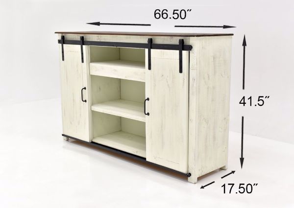 Distressed White Maverick TV Stand by Vintage Showing the Dimensions | Home Furniture Plus Bedding