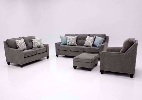 Surge Sofa Set by Lane Home Furnishings in Smoke Gray Upholstery with Accent Pillows. Includes Sofa, Loveseat and Chair. Ottoman shown is sold separately | Home Furniture Plus Bedding