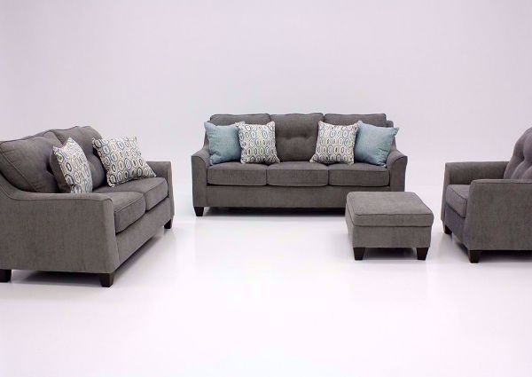Center View of the Surge Sofa Set by Lane Home Furnishings in Smoke Gray Upholstery with Accent Pillows. Includes Sofa, Loveseat and Chair. Ottoman shown is sold separately | Home Furniture Plus Bedding