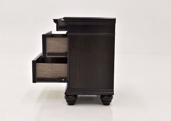Dark Brown Brynhurst Nightstand by Ashley Furniture Showing the Side View with the Drawers Open | Home Furniture Plus Mattress