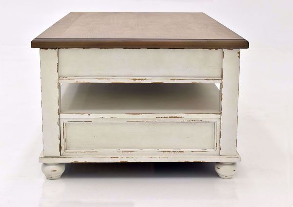 Distressed White Realyn Lift Top Coffee Table by Ashley Furniture Showing the Side View | Home Furniture Plus Mattress