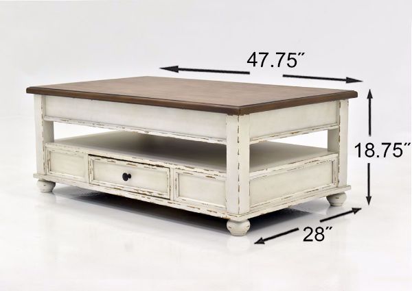 Distressed White Realyn Lift Top Coffee Table by Ashley Furniture Showing the Dimensions | Home Furniture Plus Mattress