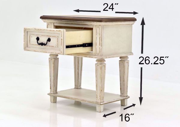 Antique White Realyn Nightstand by Ashley Furniture Showing the Dimensions | Home Furniture Plus Mattress