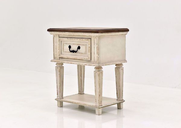 Antique White Realyn Nightstand by Ashley Furniture Showing the Angle View | Home Furniture Plus Mattress