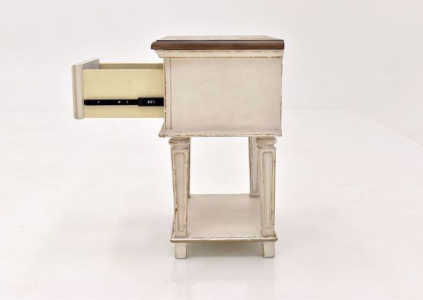 Antique White Realyn Nightstand by Ashley Furniture Showing the Side View With the Drawer Open | Home Furniture Plus Mattress