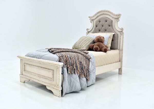 Antique White Realyn Upholstered Twin Bed by Ashley Furniture  at an Angle | Home Furniture Plus Mattress