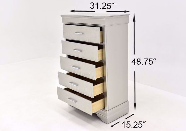 Silver Metallic Amalia Chest of Drawers by Crown Mark Showing the Dimensions | Home Furniture Plus Mattress