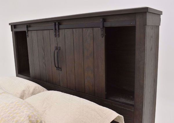 Dark Brown Scott King Size Storage Bed by Elements Showing the Headboard With the Doors Open | Home Furniture Plus Mattress