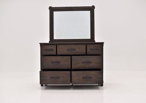 Dark Brown Scott Dresser with Mirror Facing Front With the Drawers Open | Home Furniture Plus Mattress