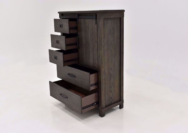 Dark Brown Scott Chest of Drawers by Elements Showing the Angle View With the Drawers Open | Home Furniture Plus Mattress