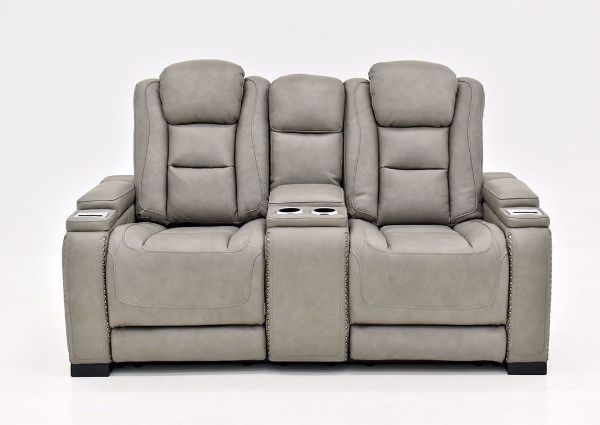 Gray Leather Man-Den Power Reclining Loveseat by Ashley Furniture Front Facing | Home Furniture Plus Bedding
