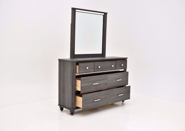 Gaston Dresser with Mirror by Crown Mark with Gray Finish angle opened drawers | Home Furniture Plus Bedding