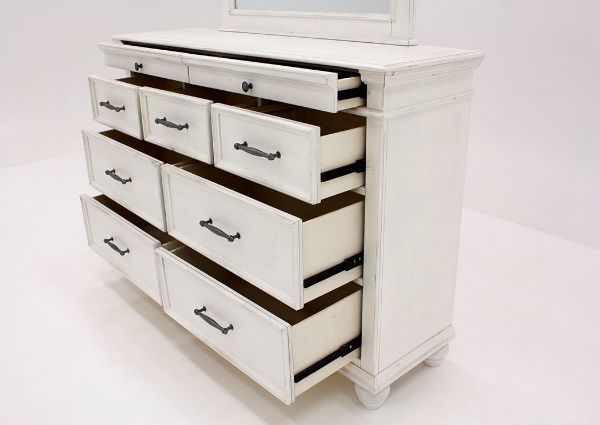 Angled View of Drawers on the White Kanwyn Dresser | Home Furniture Plus Bedding
