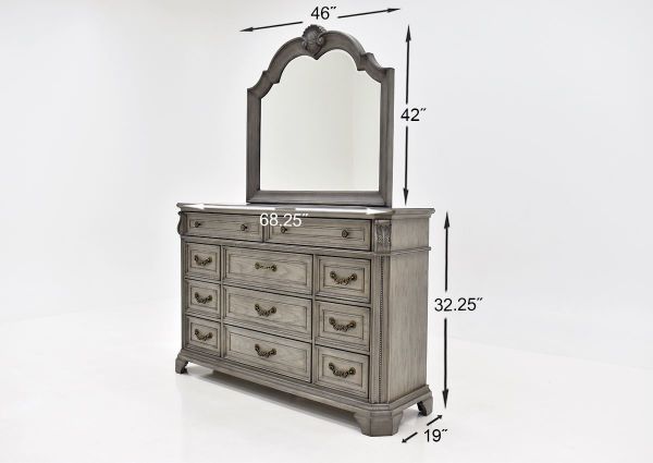 Gray Siena Dresser with Mirror by Avalon Furniture, Facing at an Angle Showing the Dimensions | Home Furniture Plus Bedding