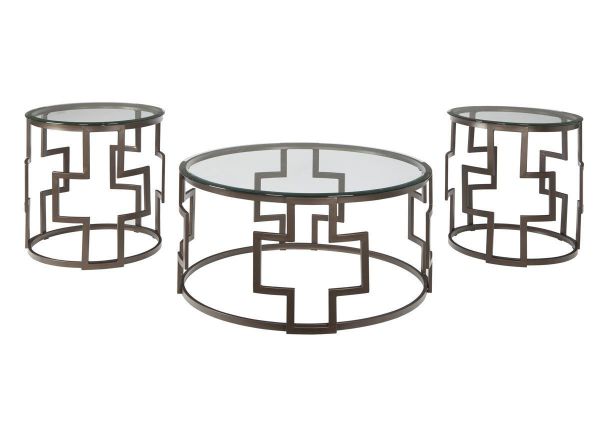 Bronzetone Frostine 3 Piece Coffee Table Set by Ashley Furniture Showing the Three Piece Set | Home Furniture Plus Bedding