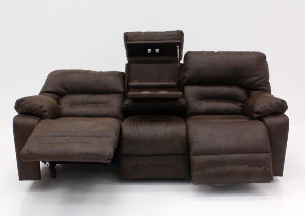 Front View of the Opened Center Console, Reclined Back, and Extended Chaise on the Brown Legacy Reclining Sofa by Franklin Corporation | Home Furniture Plus Bedding
