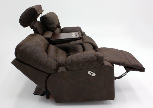 Side View of the Opened Center Console, Reclined Back, and Extended Chaise on the Brown Legacy Reclining Sofa by Franklin Corporation | Home Furniture Plus Bedding
