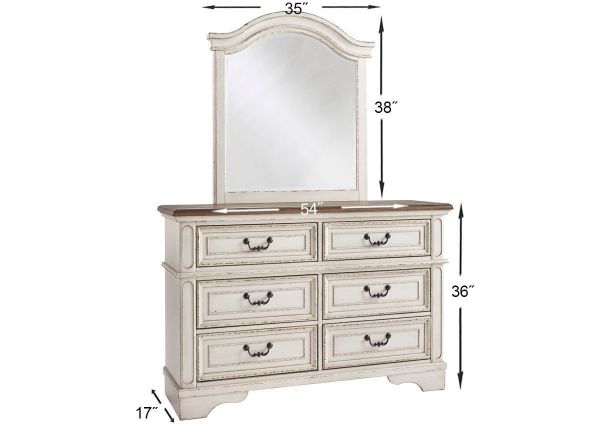 Antique White Realyn Dresser with Mirror by Ashley Furniture Showing the Dimensions | Home Furniture Plus Bedding
