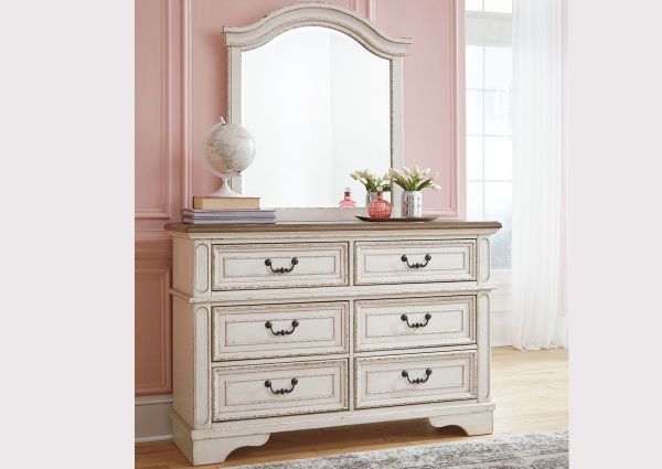 Antique White Realyn Dresser with Mirror by Ashley Furniture Showing a Room Setting | Home Furniture Plus Bedding