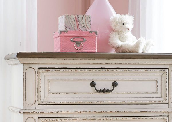 Antique White Realyn Chest of Drawers by Ashley Furniture Showing the Top Front Drawer Detail | Home Furniture Plus Bedding
