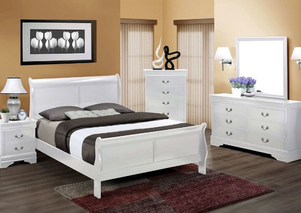 White Louis Philippe King Size Bedroom Set Showing a Room Setting | Home Furniture Plus Bedding