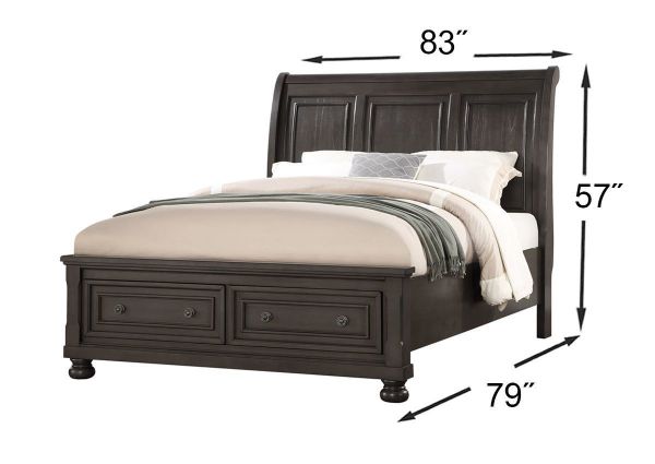 Dark Gray Sofia King Storage Bed Showing the Dimensions | Home Furniture Plus Mattress