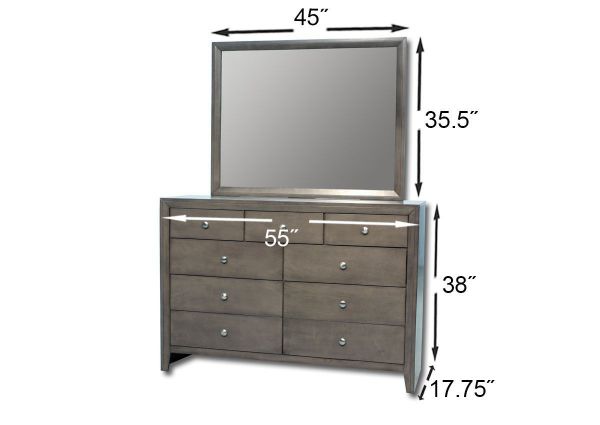 Gray Marshall King Size Bedroom Set Showing the Dresser and Mirror Dimensions, Made in the USA | Home Furniture Plus Bedding