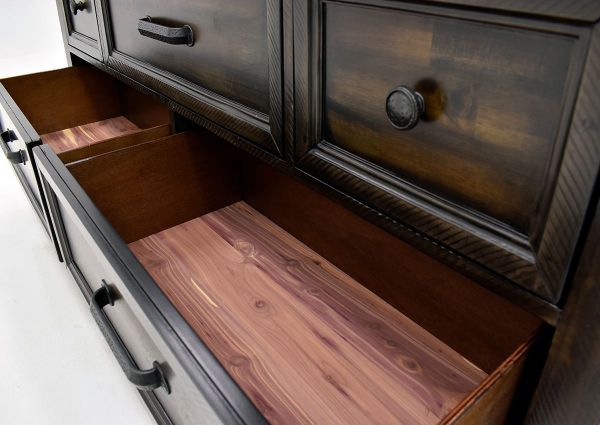 Dark Brown McCabe Dresser with Mirror by Elements Showing the Cedar Drawer Interior | Home Furniture Plus Bedding