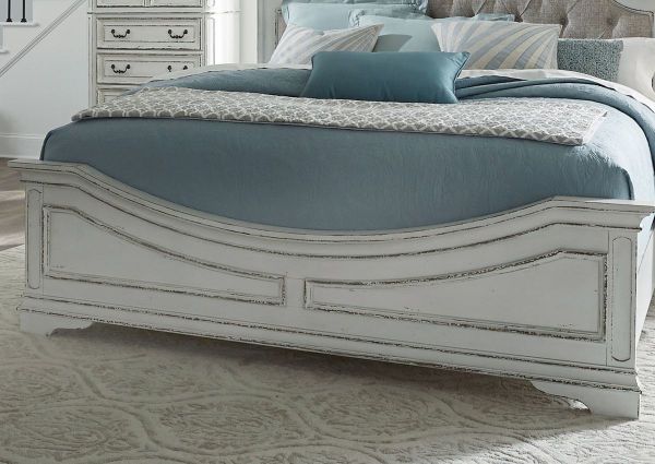 Antique White Magnolia Manor Queen Size Upholstered Bed by Liberty Furniture Showing the Panel Footboard Angle View | Home Furniture Plus Bedding