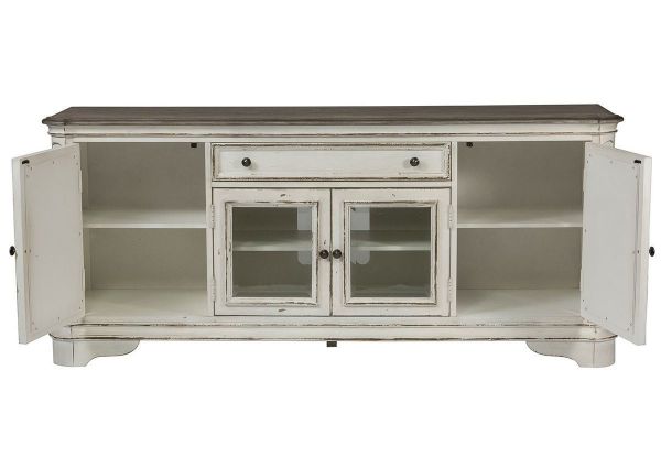 Antique White Magnolia Manor 74 Inch TV Stand by Liberty Furniture, Showing the Front View With Doors Open | Home Furniture Plus Bedding