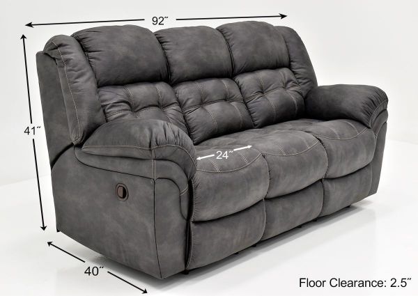 Gray Denton Reclining Sofa by HomeStretch Showing the Dimensions, Made in the USA | Home Furniture Plus Bedding