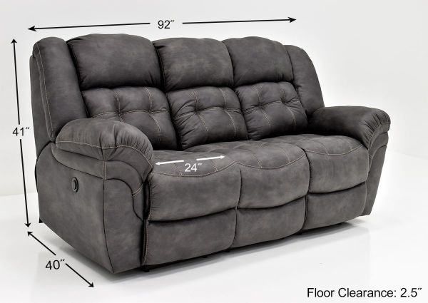 Gray Denton POWER Reclining Sofa by HomeStretch Showing the Dimensions, Made in the USA | Home Furniture Plus Bedding