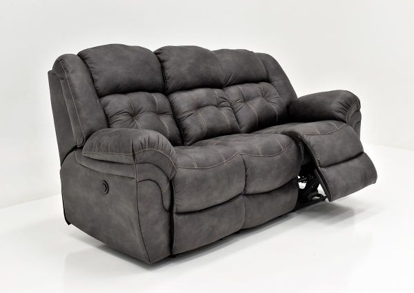 Gray Denton POWER Reclining Sofa by HomeStretch Showing the Angle View With One Recliner Open, Made in the USA | Home Furniture Plus Bedding