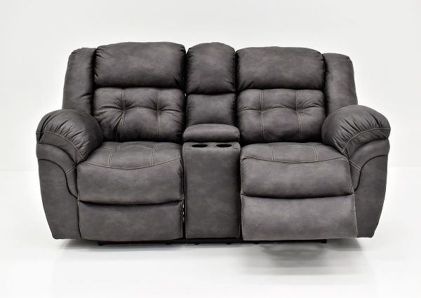 Gray Denton Reclining Loveseat by HomeStretch Showing the Front View With One Recliner Open, Made in the USA | Home Furniture Plus Bedding