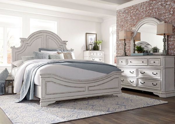 Antique White Magnolia Manor King Size Panel Bedroom Set by Liberty Furniture Showing the Room View | Home Furniture Plus Bedding