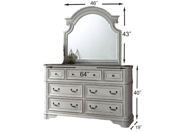 Antique White Magnolia Manor King Size Panel Bedroom Set by Liberty Furniture Showing the Dresser with Mirror Dimensions | Home Furniture Plus Bedding