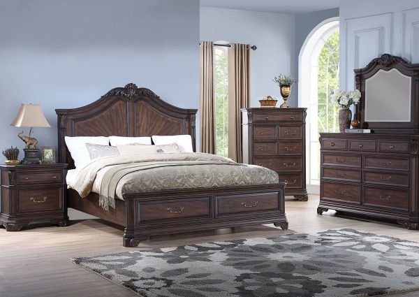 Cherry Brown Devonshire Queen Size Panel Bedroom Set by Avalon Showing the Room View  | Home Furniture Plus Bedding