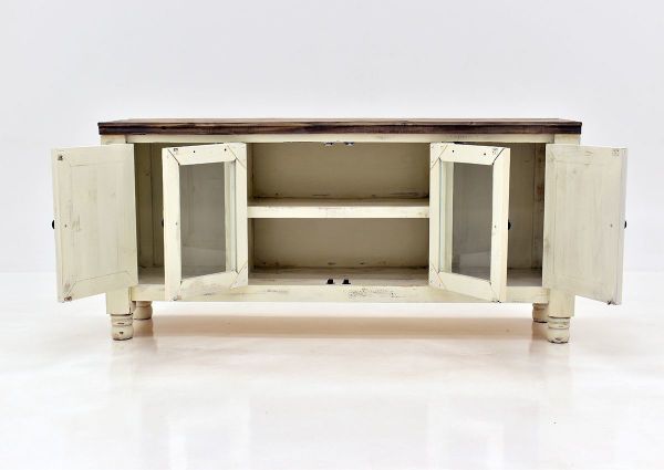 White Martha TV Stand by Vintage Furniture Showing the Front View With the Cabinets Open | Home Furniture Plus Bedding
