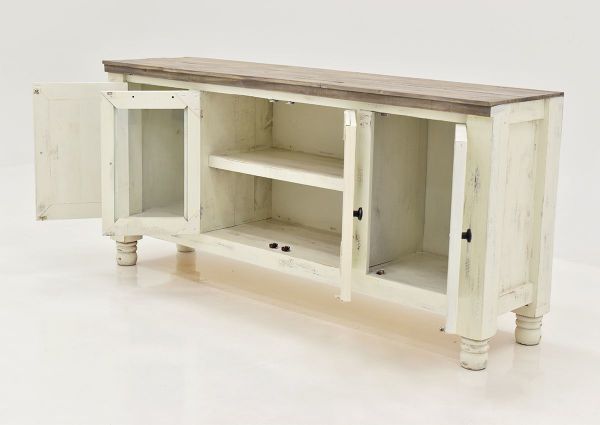 White Martha TV Stand by Vintage Furniture Showing the Angle View With the Cabinets Open | Home Furniture Plus Bedding