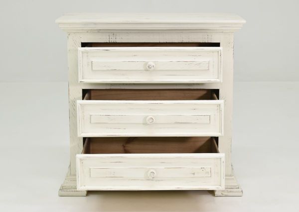 White Chalet 3 Drawer Nightstand by Vintage Furniture Showing the Front View With the Drawers Open | Home Furniture Plus Bedding
