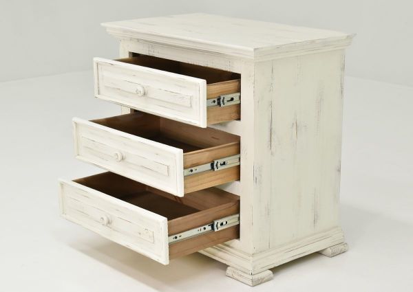 White Chalet 3 Drawer Nightstand by Vintage Furniture Showing the Angle View With the Drawers Open | Home Furniture Plus Bedding