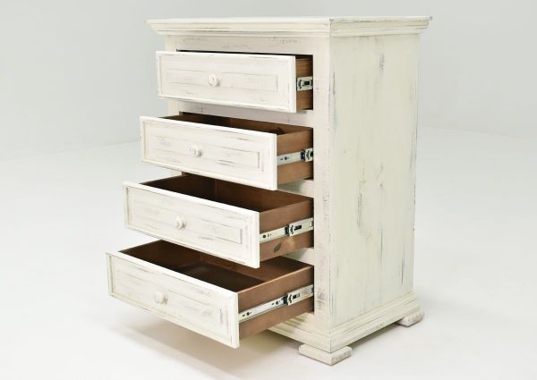 White Chalet 4 Drawer Nightstand by Vintage Furniture Showing the Angle View With the Drawers Open | Home Furniture Plus Bedding