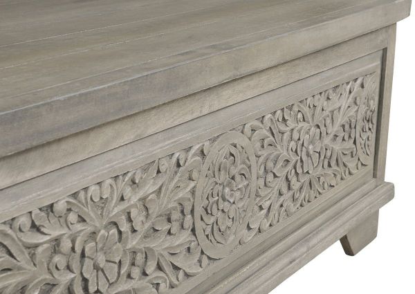 Close Up of the Carved Details on the Marcilyn Lift-Top Coffee Table with Top Open | Home Furniture Plus Bedding