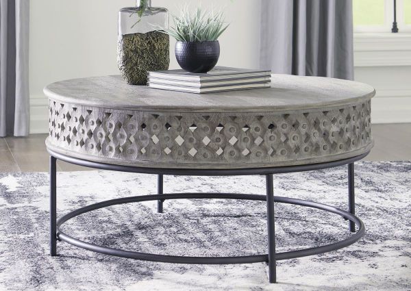 Room Shot of the Rastella Coffee Table with Light Gray Top and Matte Black Base | Home Furniture Plus Bedding