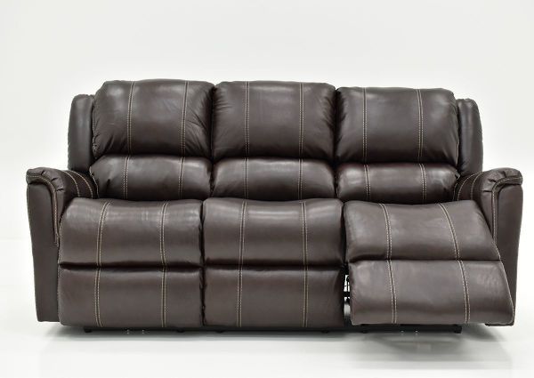 Front View of  Extended Footrest on the Chocolate Brown  Mercury Leather Reclining Sofa by Homestretch | Home Furniture Plus Bedding