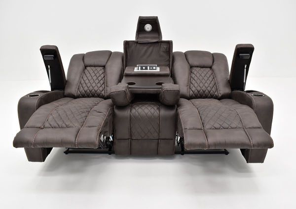 Front Facing View of the Aiden Reclining Sofa by Man Wah with Center Console, Armrest Storage, and Chaises Open | Home Furniture Plus Bedding