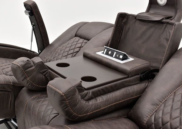 Angled Detailed View of the Center Console of the Aiden Reclining Sofa by Man Wah | Home Furniture Plus Bedding