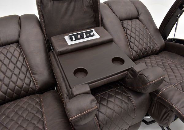 Slightly Angled View of the Center Console of the Aiden Reclining Sofa by Man Wah | Home Furniture Plus Bedding