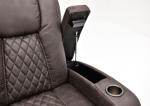 Close Up View of the Aiden Reclining Sofa by Man Wah with Hidden Storage Open | Home Furniture Plus Bedding